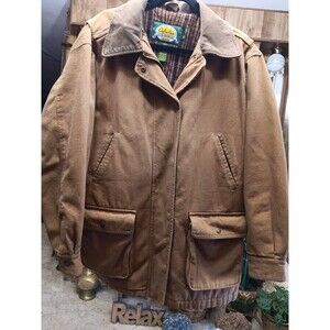 Cabela's Women XL Brown Canvas Long Flannel Lined Barn Chore Coat Leather Collar